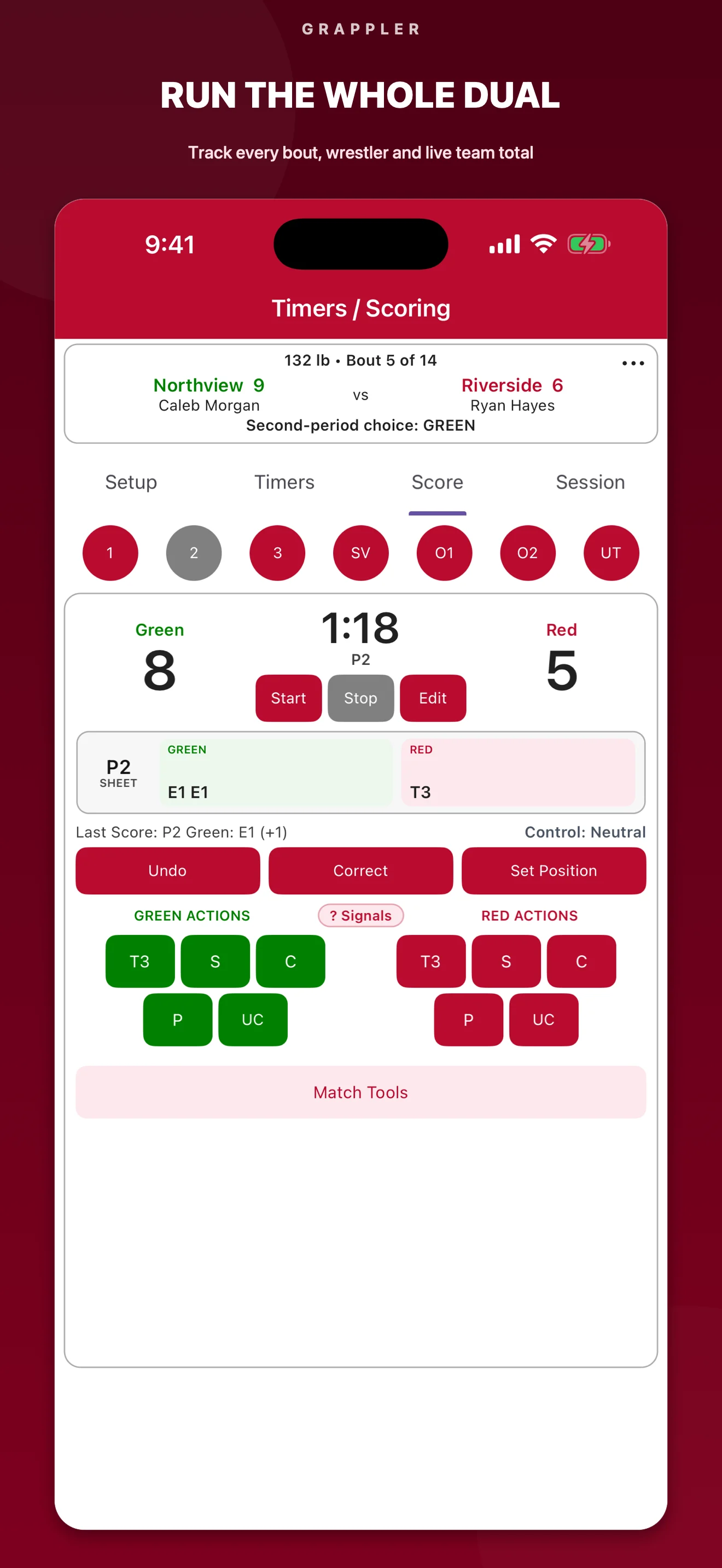 Grappler dual meet workflow showing team rosters, the current bout, and team totals