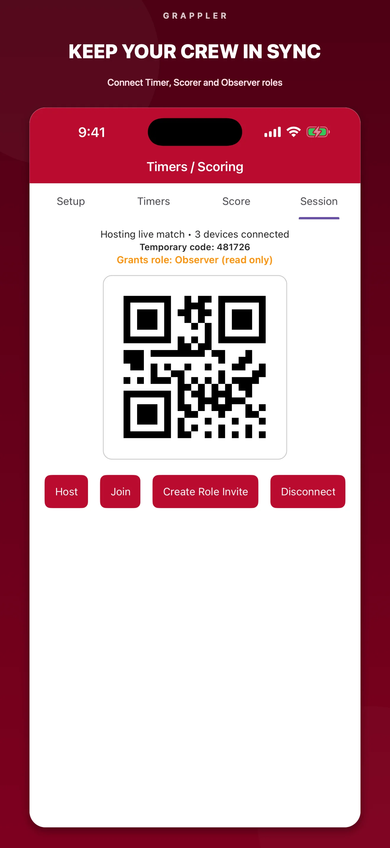 Grappler session screen with a temporary Observer code and QR invitation