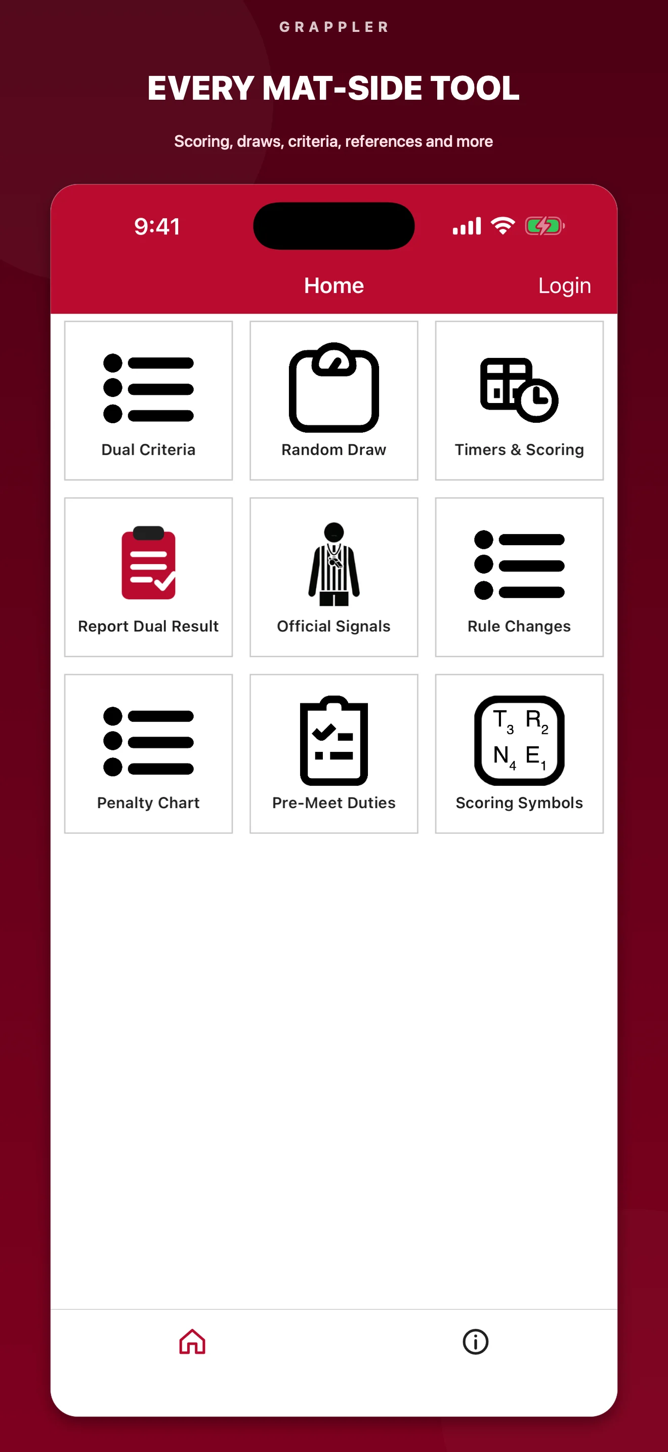 Grappler home screen showing its collection of wrestling official and coach tools